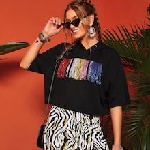 Romwe Sequin Fringe Detail Boxy Hoodie
