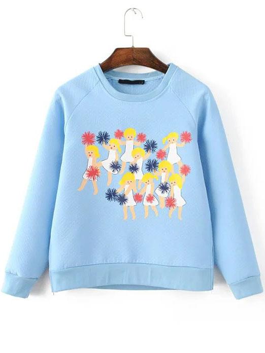 Romwe Blue Printed Raglan Sleeve Diamond Quilted Sweatshirt