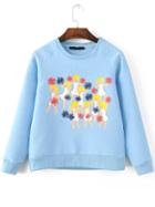 Romwe Blue Printed Raglan Sleeve Diamond Quilted Sweatshirt