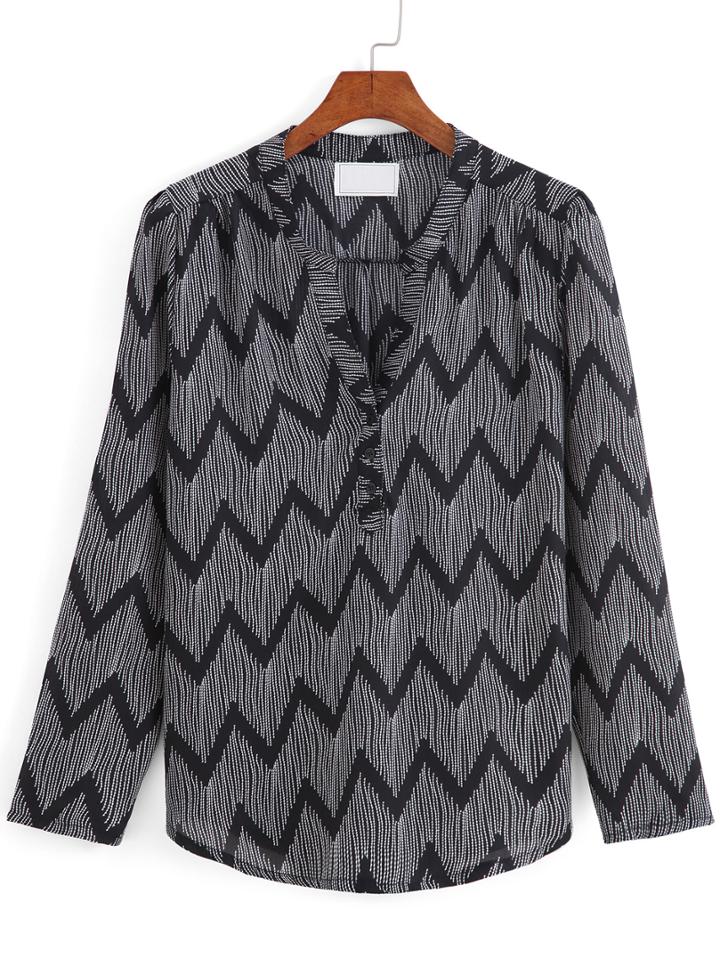 Romwe V Neck Dip Hem Zigzag Blouse