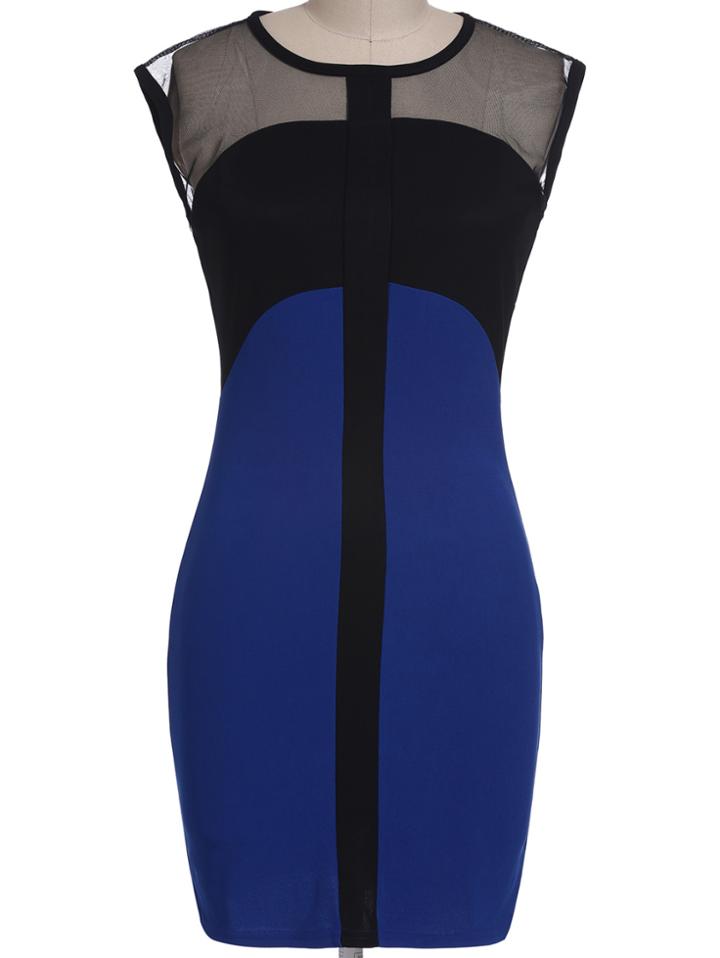 Romwe Mesh Insert Color-block Bodycon Dress