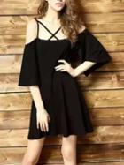 Romwe Lattice Neck Cold Shoulder Dress - Black