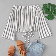 Romwe Striped Knot Front Off The Shoulder Blouse