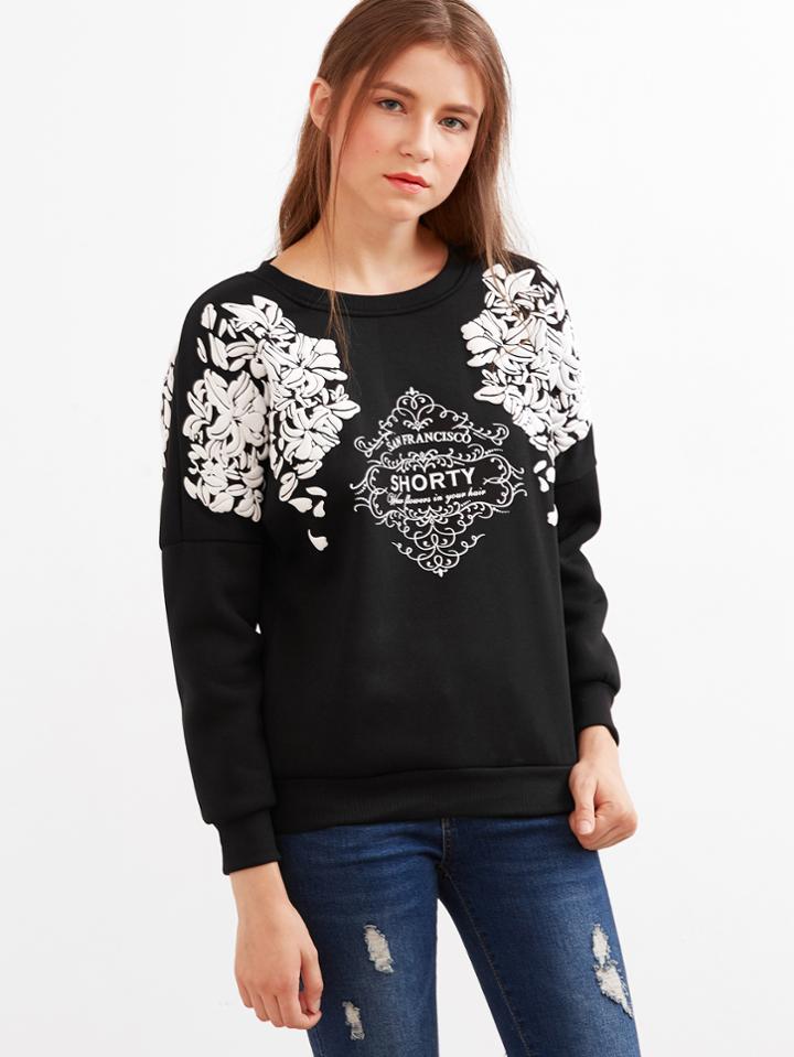 Romwe Black Floral Print Drop Shoulder Sweatshirt