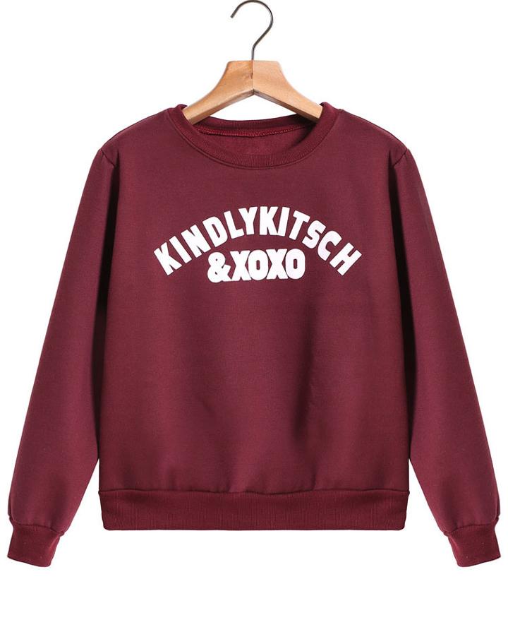 Romwe Xxoo Print Crop Wine Red Sweatshirt
