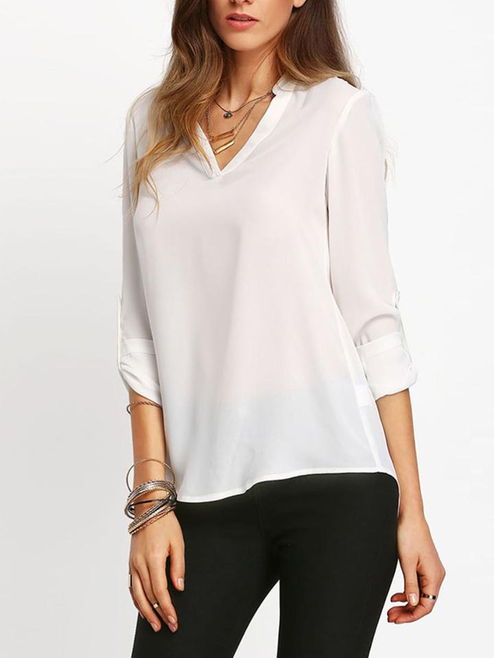 Romwe Beige V Neck Long Sleeve Blouse
