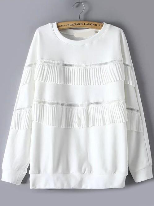 Romwe Round Neck Hollow Ruffle White Sweatshirt