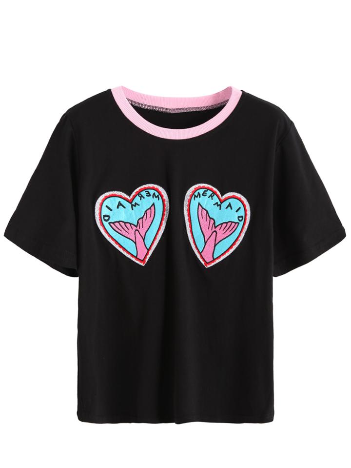 Romwe Black Contrast Neck Heart Embroidered T-shirt