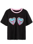 Romwe Black Contrast Neck Heart Embroidered T-shirt
