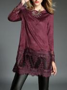 Romwe Long Sleeve Contrast Lace Suede Blouse