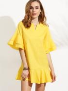 Romwe Yellow V Cut Tiered Ruffle Dress