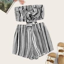 Romwe Striped Knot Detail Bandeau Top With Shorts