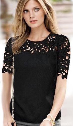 Romwe Hollow Floral Crochet Black Blouse