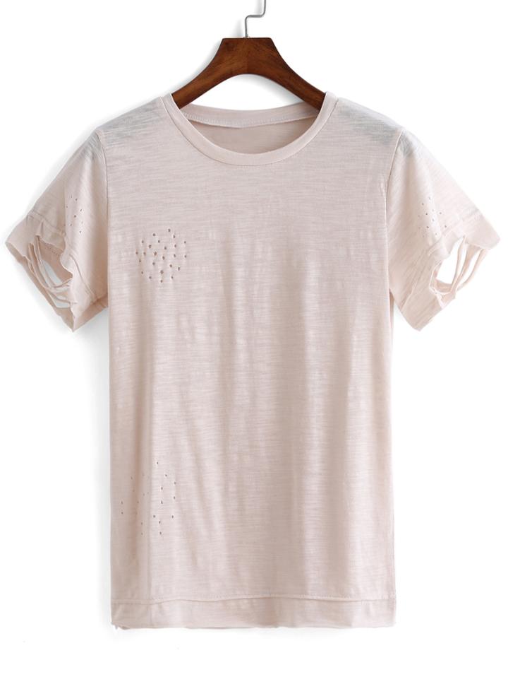Romwe Round Neck Ripped T-shirt