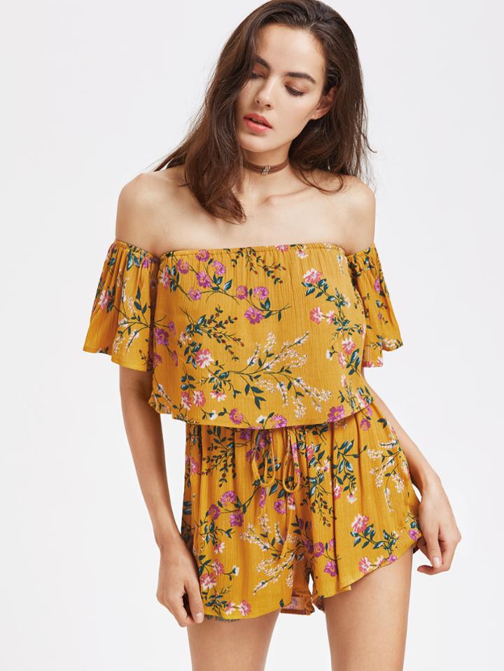 Romwe Off Shoulder Ditsy Print Layered Drawstring Romper