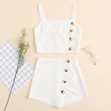 Romwe Button Detail Solid Cami Top With Shorts