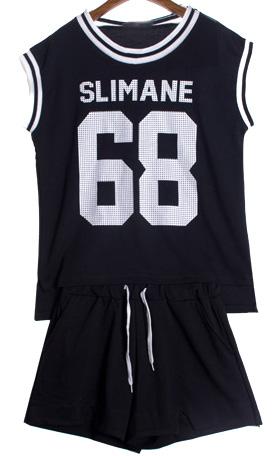 Romwe Dip Hem Letter Print Tank Top With Navy Shorts