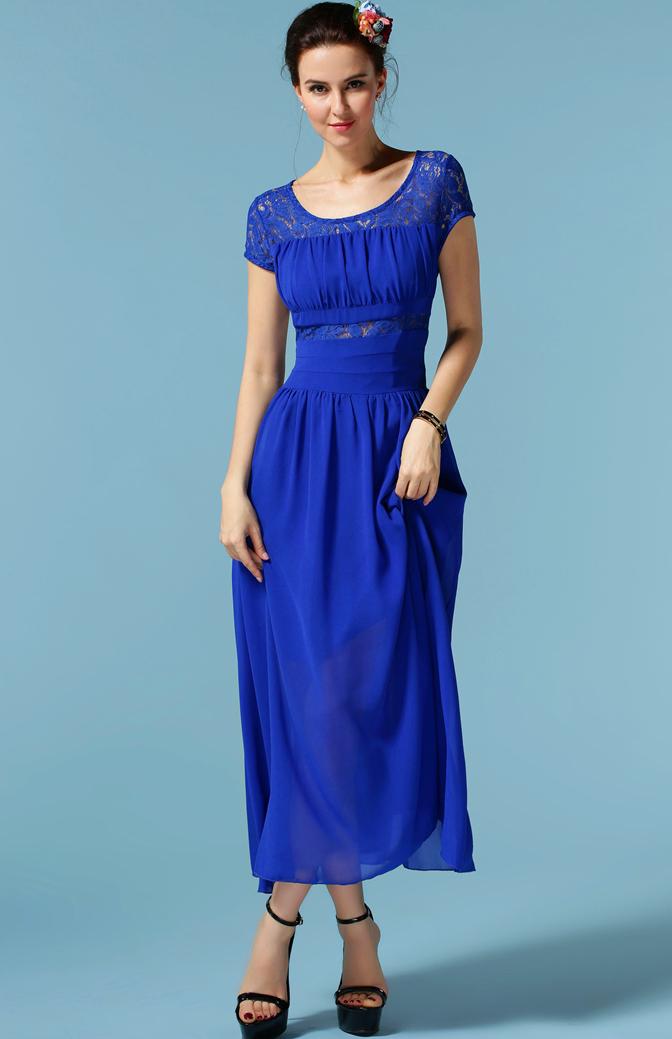 Romwe Lace Insert Short Sleeve Pleated Dress