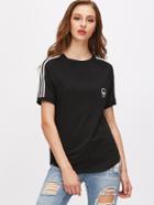Romwe Black Alien Print Striped Raglan Sleeve T-shirt