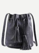Romwe Black Crocodile Pu Tassel Drawstring Bucket Bag