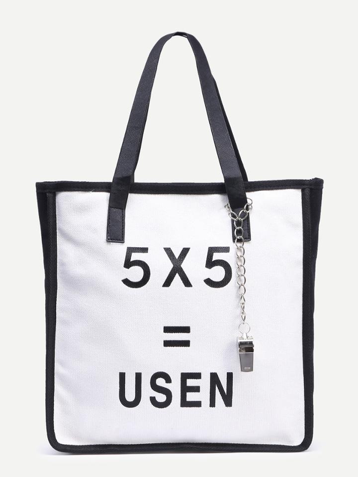 Romwe Black White Number Print Canvas Tote Bag