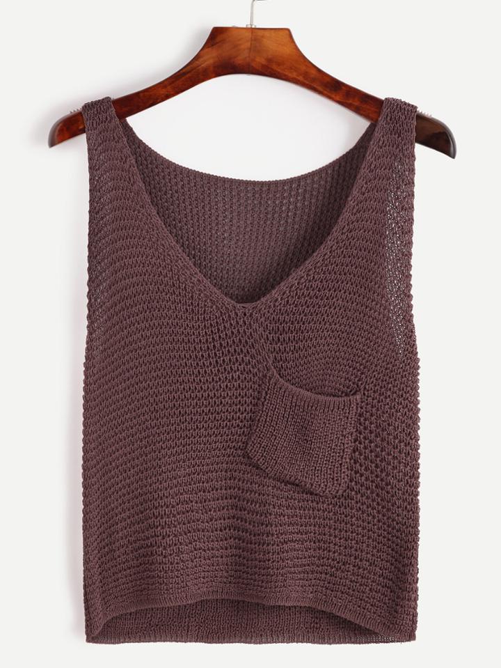 Romwe Purple V Neck Pocket Knit Sweater Vest