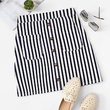 Romwe Button Front Striped Skirt