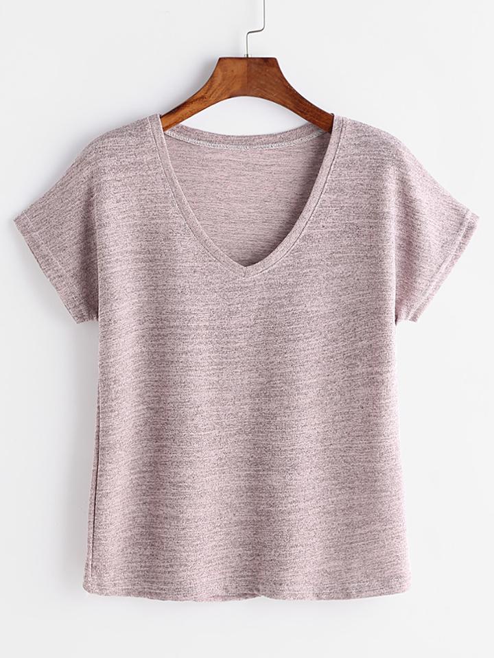 Romwe Pink V Neck Slub T-shirt