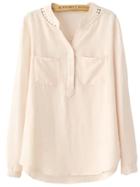 Romwe Dip Hem Hollow Out Pink Blouse With Pockets