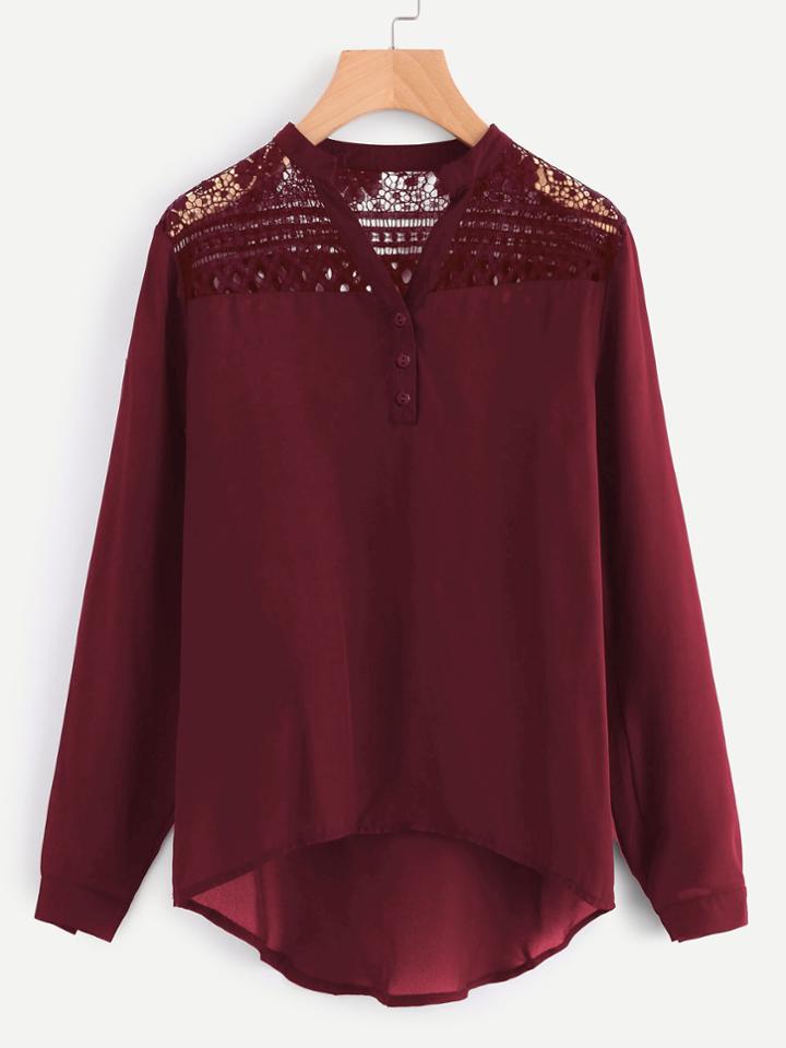 Romwe Hollow Out Lace Yoke Dip Hem Chiffon Blouse