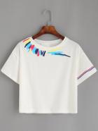 Romwe White Striped Trim Graffiti Print Crop T-shirt