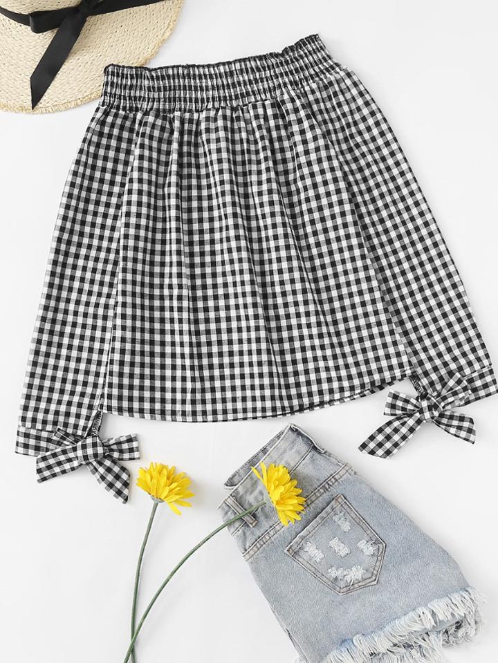 Romwe Off Shoulder Gingham Knot Cuff Top