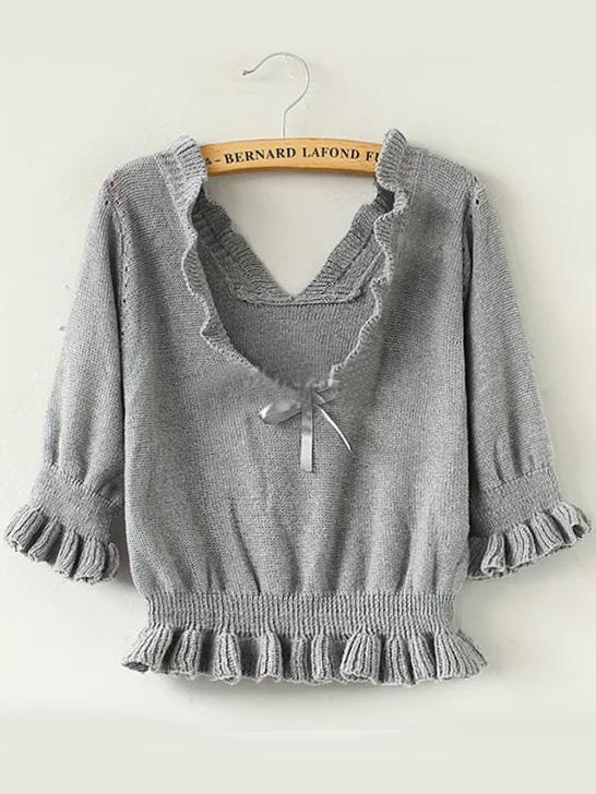 Romwe V Neck Half Sleeve Fungus Hem Grey Sweater
