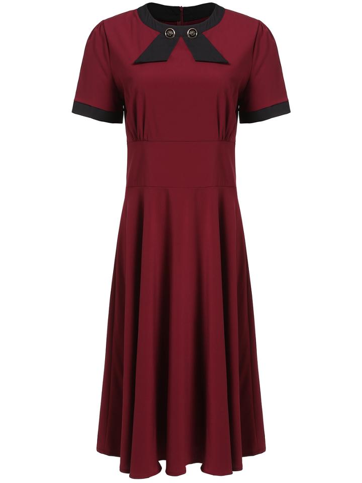 Romwe Contrast Short Sleeve Pleated Dress