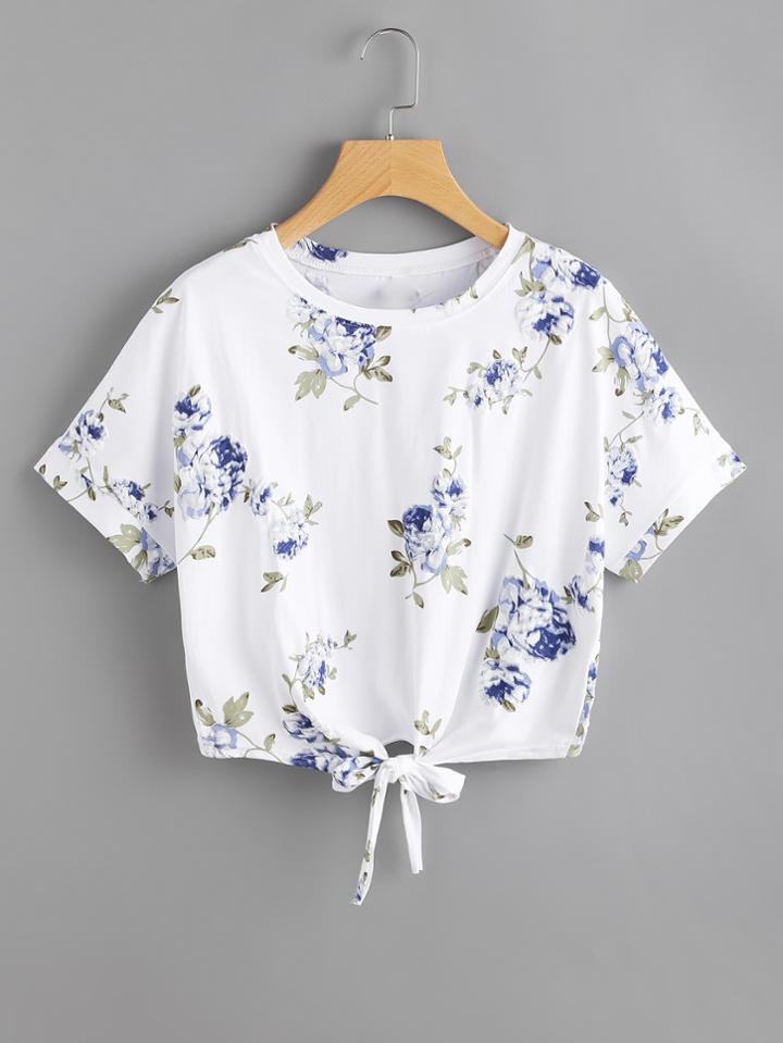 Romwe Floral Print Random Knot Front Tee