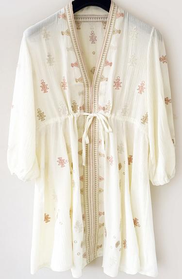 Romwe Deep V Neck Embroidered Shift Beige Dress