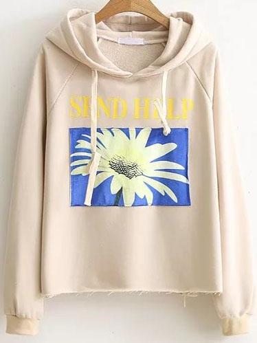 Romwe Apricot Daisy Raglan Sleeve Hooded Sweatshirt