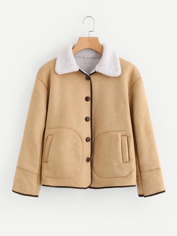 Romwe Contrast Trim Single Breasted Sherpa Jacket