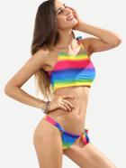 Romwe Multicolor Rainbow Print Side-tie Bikini Set
