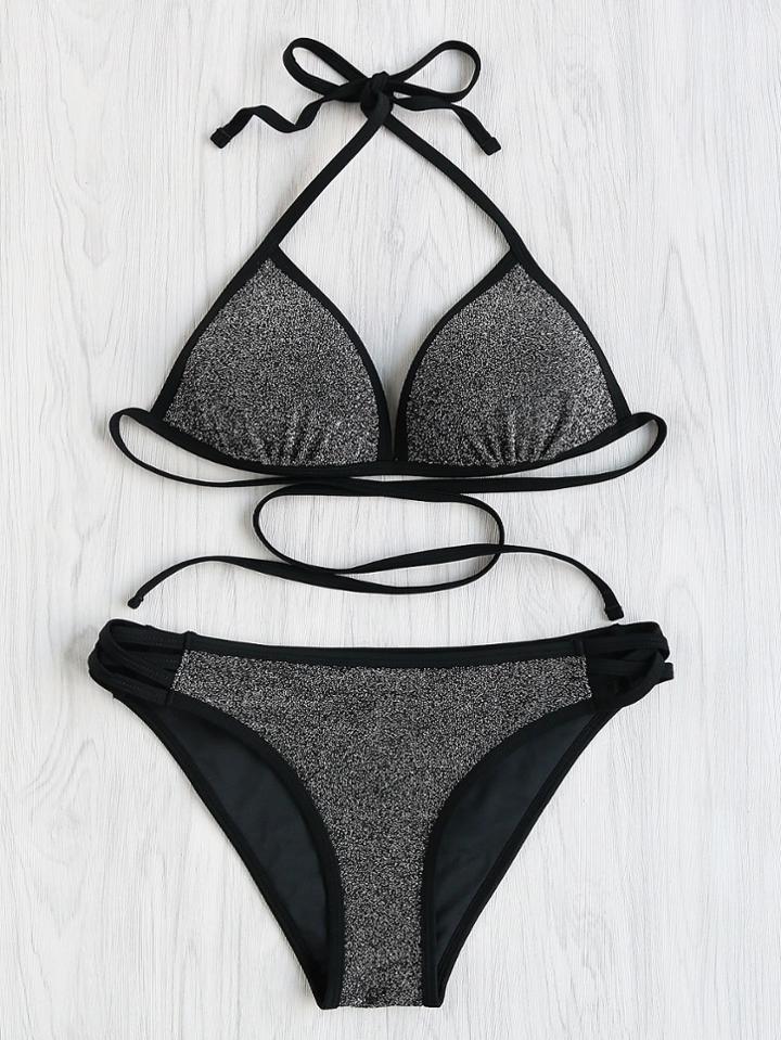 Romwe Glitter Self Tie Criss Cross Side Bikini Set
