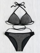 Romwe Glitter Self Tie Criss Cross Side Bikini Set