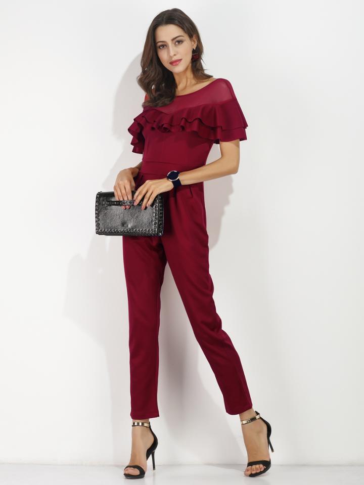 Romwe Contrast Sheer Mesh Frill Trim Jumpsuit