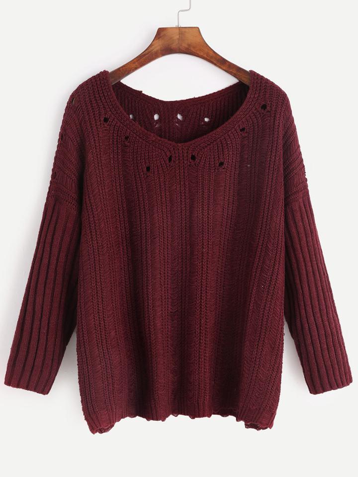 Romwe V Neck Drop Shoulder Eyelet Ribbed Knit Sleeve Sweater