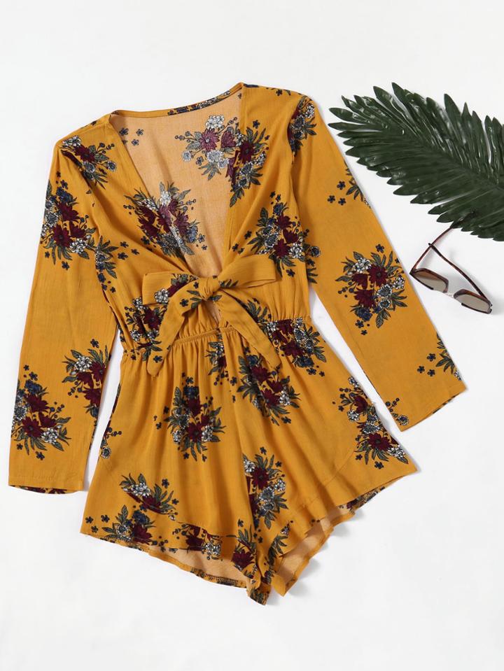 Romwe Plunging Bow Tie Detail Botanical Print Romper