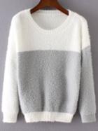 Romwe Grey Color Block Ribbed Trim Round Neck Sweater