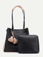 Romwe Tassel Detail Two Tone Tote Bag With Clutch
