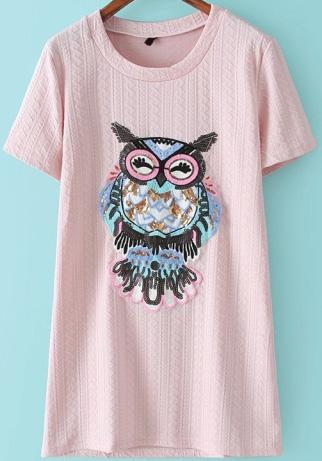 Romwe With Sequined Owl Pattern Embroidered Pink T-shirt