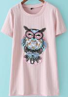 Romwe With Sequined Owl Pattern Embroidered Pink T-shirt