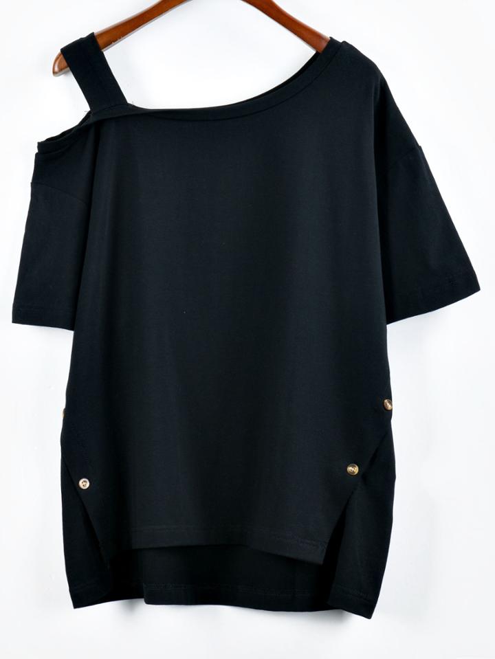 Romwe Black Asymmetric Cutout Shoulder Button Side T-shirt
