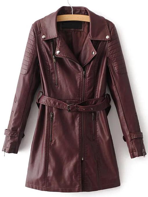 Romwe Burgundy Zipper Detail Pu Coat With Belt